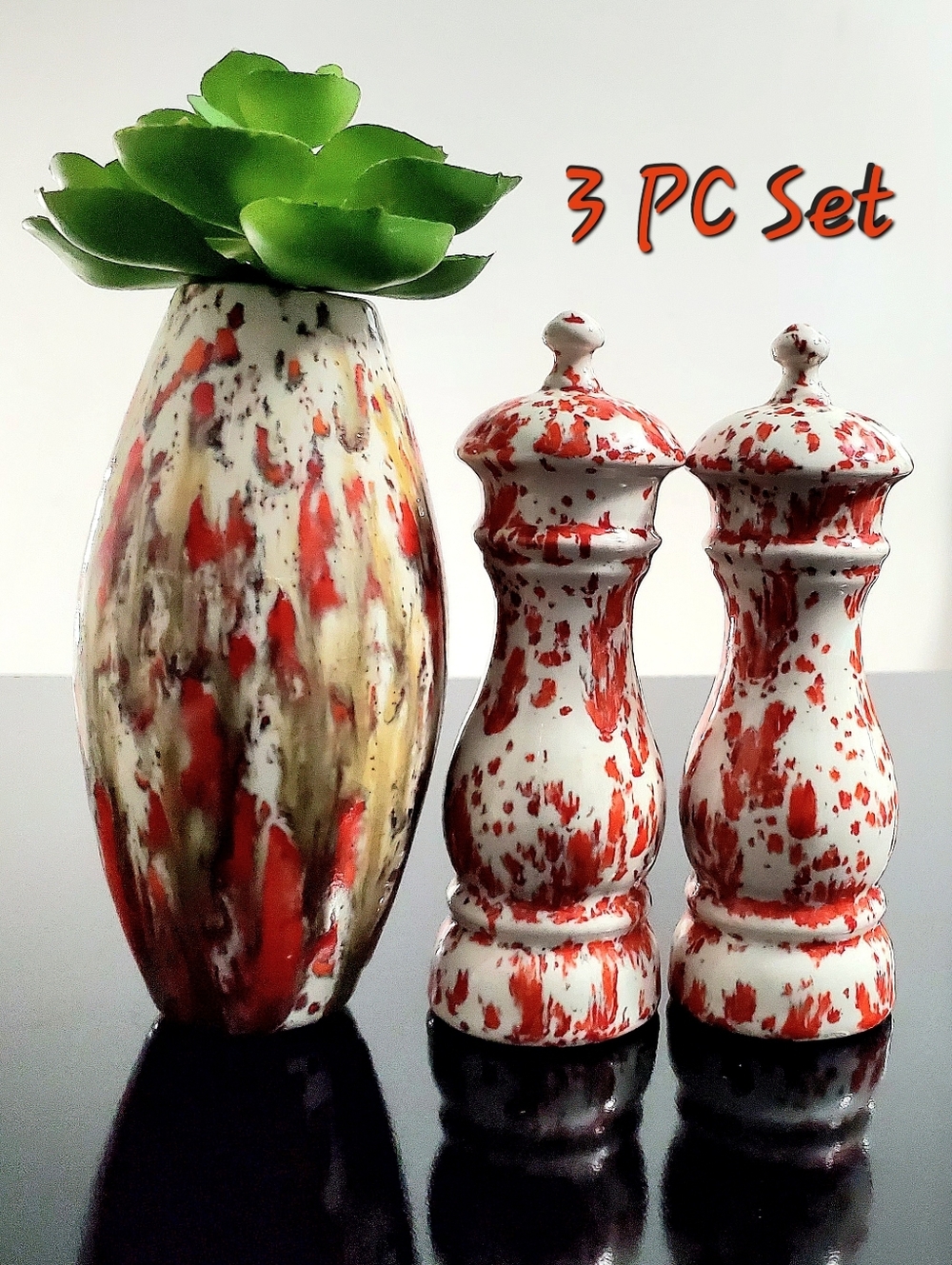 3pc Orange Speckled Ceramic Handcrafted Vase, Salt & Pepper Shaker All 6 1/4"